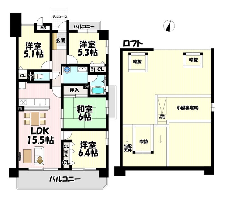 【間取り】
4LDK♪リビング15.5帖♪吹抜、ロフト付き♪
