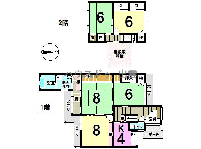 【間取り】
1棟目の間取図です。広々とした間取です。駐車場は4台駐車可能です。二階にも2部屋あり個人部屋も持てそうですね。屋根裏収納もあります。