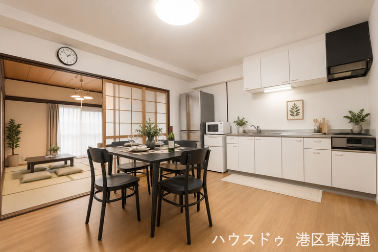 【ダイニングキッチン】
ダイニングキッチンと和室が隣接する、開放的な空間。
できた料理をすぐに食卓へ運べるのも嬉しいところです。