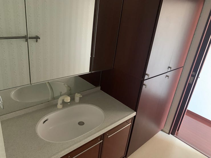 キッチンからも廊下からも行き来のできる洗面所。水回りの動線がスムーズなので、より快適にお過ごしいただけそうです!収納スぺースたっぷりと設けた洗面台にヘアセットのチェックがしやすい三面鏡付きです。