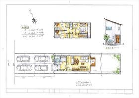 【建物プラン例】３LDK。
参考価格：2000万円、延床面積93.56㎡（28.30坪）
1F 48.02㎡（14.52坪）、2F 45.54㎡（13.77坪）※寸法はおおよそです