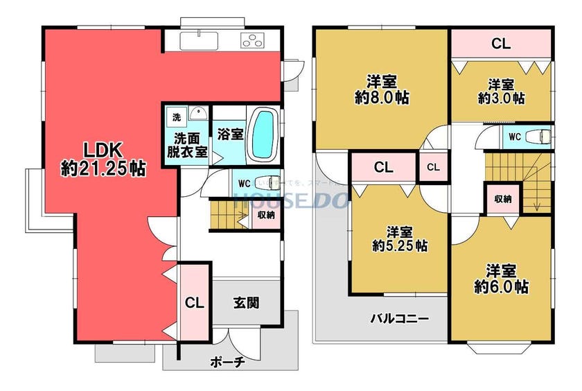 【間取り】
リビングは広々20帖以上でございます。ご家族皆様で集まっても窮屈には感じにくそうですね。4LDKなのでご家族皆様それぞれでお部屋を持つことができます。各居室に収納があるため収納では困りません。