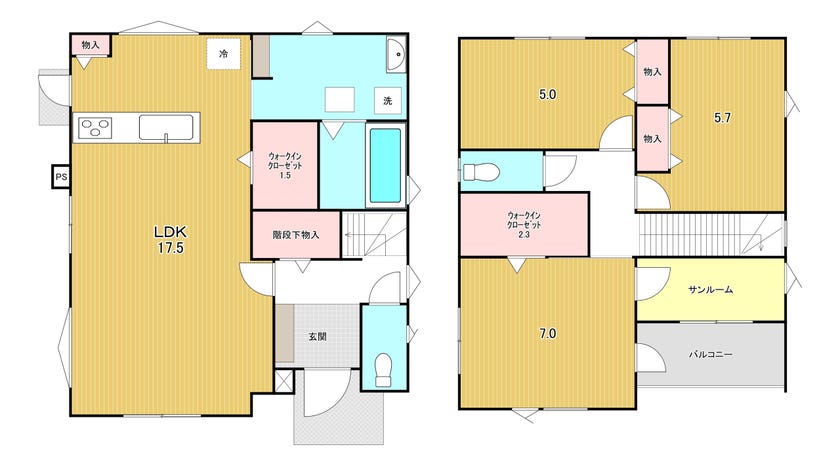 【間取り】
☆3LDK☆　土地面積130.50㎡・建物面積101.97㎡　サンルーム付きなので雨天時のお洗濯も安心♪