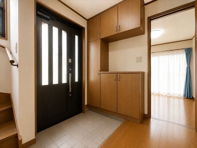 玄関:たっぷりと収納することができるので、玄関をすっきり片付けることができます。ご家族を気持ちよく迎えることができそうです。※実際の写真から家具等を消すCG加工をしています。