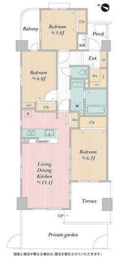 【間取り】
専有面積75.36㎡　専用庭15.50㎡