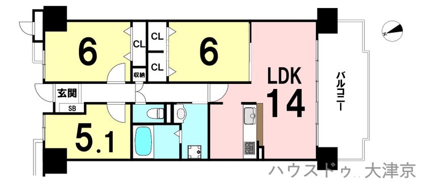 【間取り】
3LDK、価格2,799万円、壁芯面積69.80㎡、バルコニー面積10.47㎡