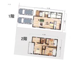 【間取り図】
【建築プラン例…YOKAIE　NO9】
吹付断熱で夏涼しく、冬あったかい
建築価格1328.80万円、間取り3LDK、建築面積87.77㎡、別途費用要