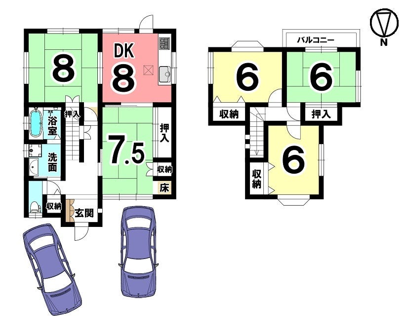 【間取り】
全室6帖以上の広さを確保！収納も豊富にもうけております。駐車2台可能です。