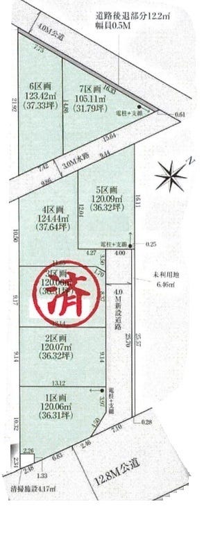 【区画図】
120.07㎡（36.32坪）、東道路角地物件です