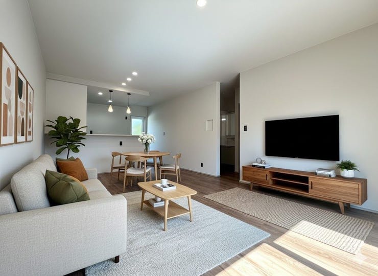 家具はイメージです。
LDK18帖+畳スペース3帖で広々空間。窓から柔らかく光が差し込む明るくあたたかなリビング空間です♪