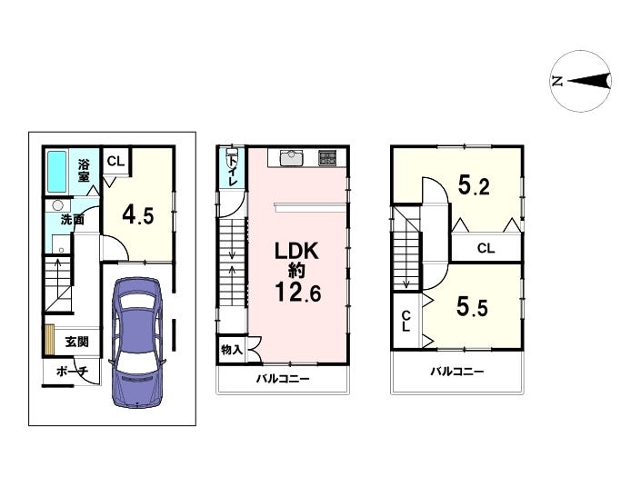 【間取り】
3LDK、3階建、建築面積83.24㎡、駐車1台可、バルコニー2か所、明るく開放的なお住まいです♪