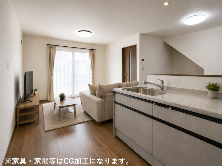 家具やインテリア次第で、お好みの空間づくりをお楽しみいただけます。様々なテイストに合わせやすい、使い勝手の良い空間です。※家具・家電等はCG加工になります。