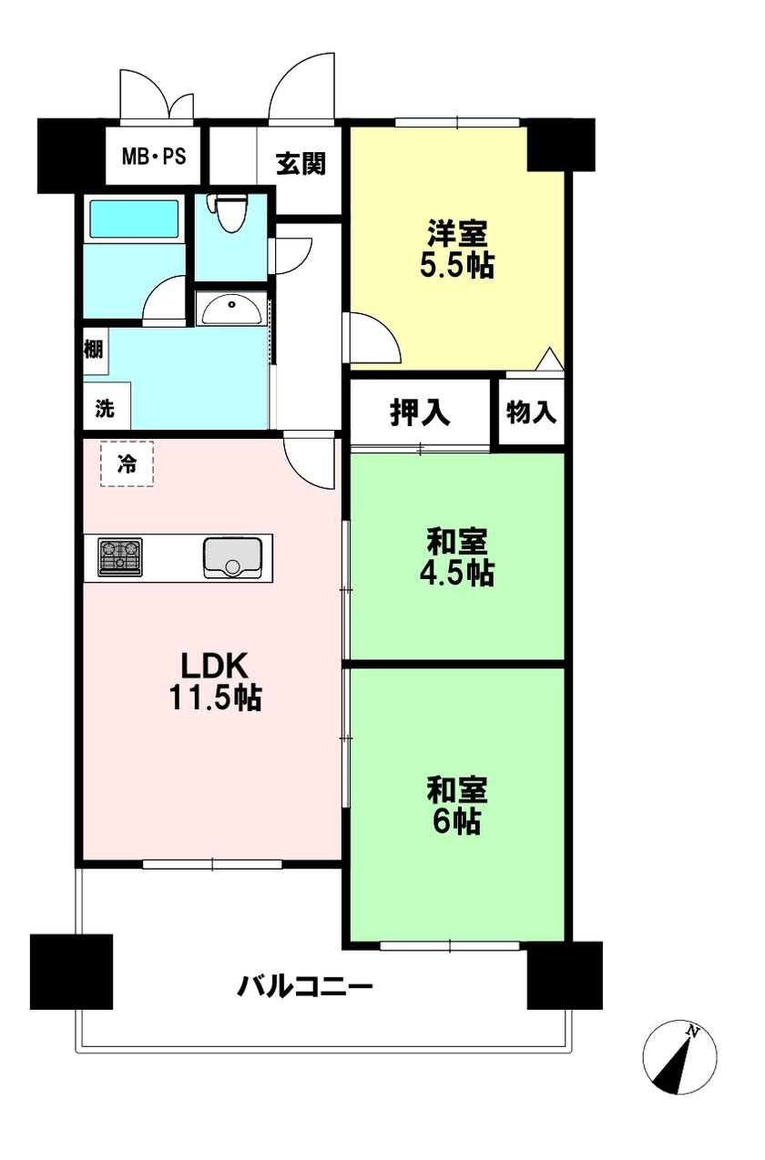 【間取り】
☆59.76㎡・３LDK☆
・南向き
・ペット飼育可能（規約あり）
・事務所使用可能（規約あり）