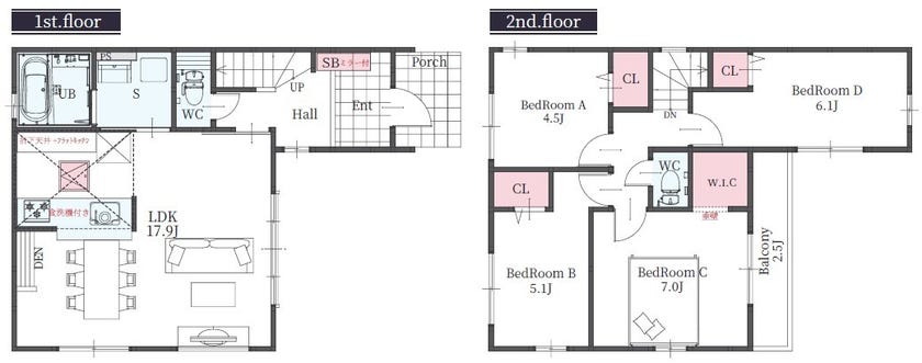 【間取り】
【2号棟】
4LDK、土地面積100.68㎡、建物面積95.23㎡