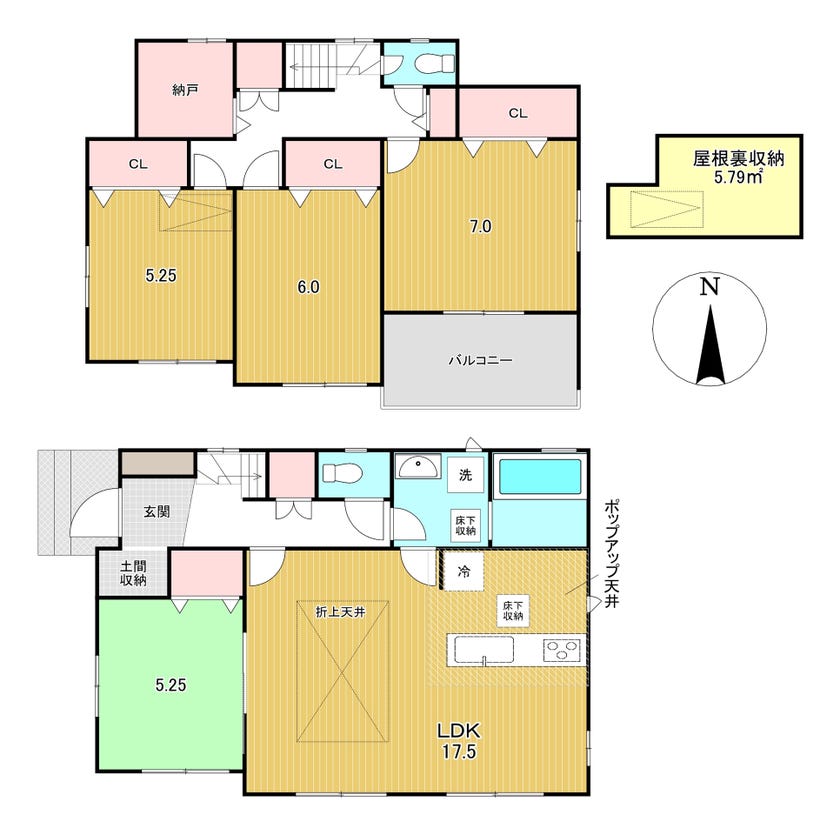 【間取り】
☆4LDK+納戸+屋根裏収納+カースペース3台☆
全室南向き！季節物等がたっぷり片付く屋根裏収納有り！