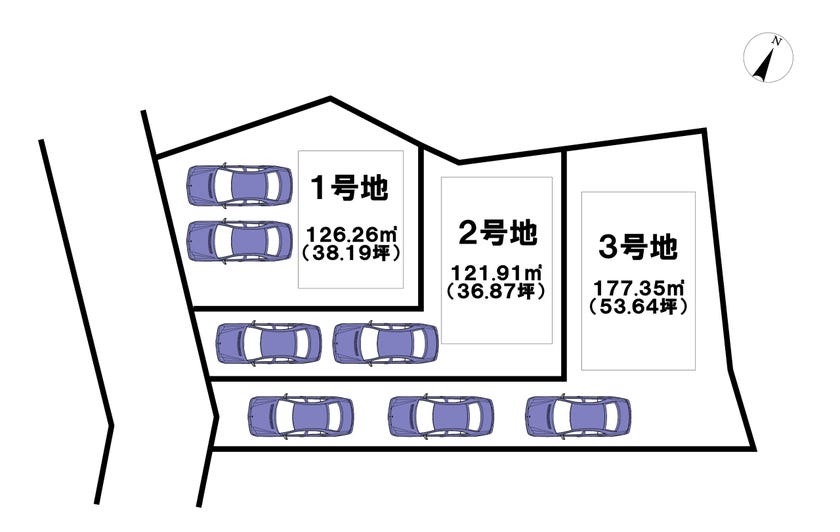 【区画図】
【新登場】那覇市宇栄原５丁目！３区画！１号地38坪・２号地36坪・３号地53坪、建築条件なし♪