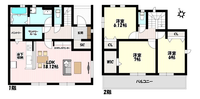 【間取り】
3LDK♪南に広く面したLDK♪お子様の勉強やパソコン作業もできるワークカウンター♪パントリー、ランドリールーム付きで家事作業も楽々♪WICやSICなど収納スペースも充実♪全居室６帖以上♪