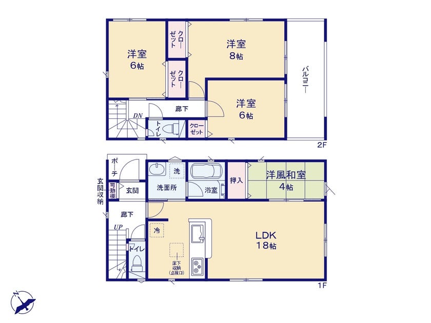 【間取り】
4LDKの間取り。2階の洋室は全室6帖以上で、家具を置いてもゆったりとお過ごしいただけそうです。収納スペースもございます。