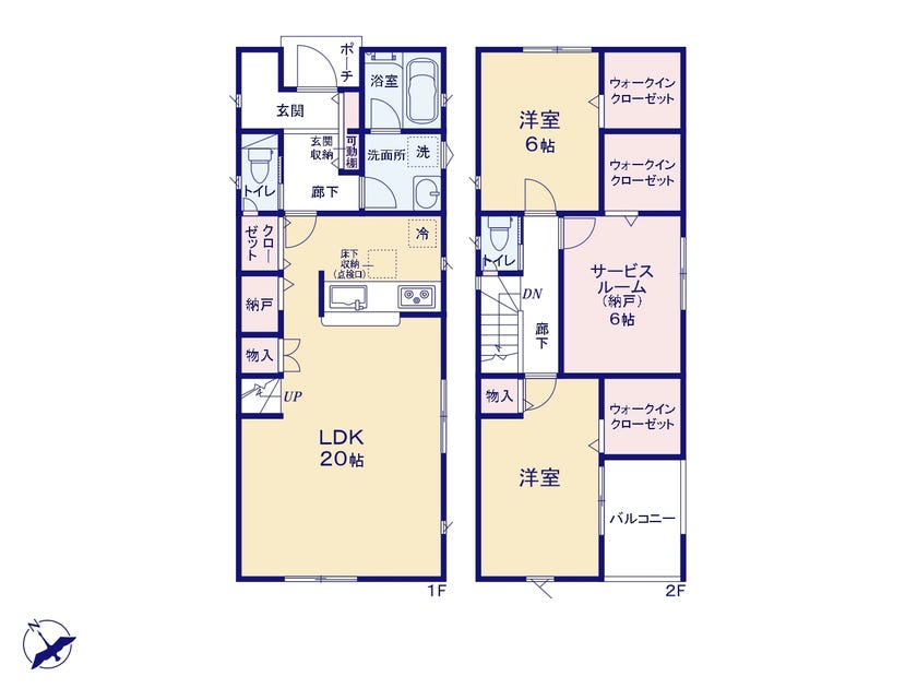 【間取り】
2LDK＋約6帖の納戸付き。
リビングの収納スペースや、全居室にウォークインクローゼットがあり、たっぷりと収納可能です。