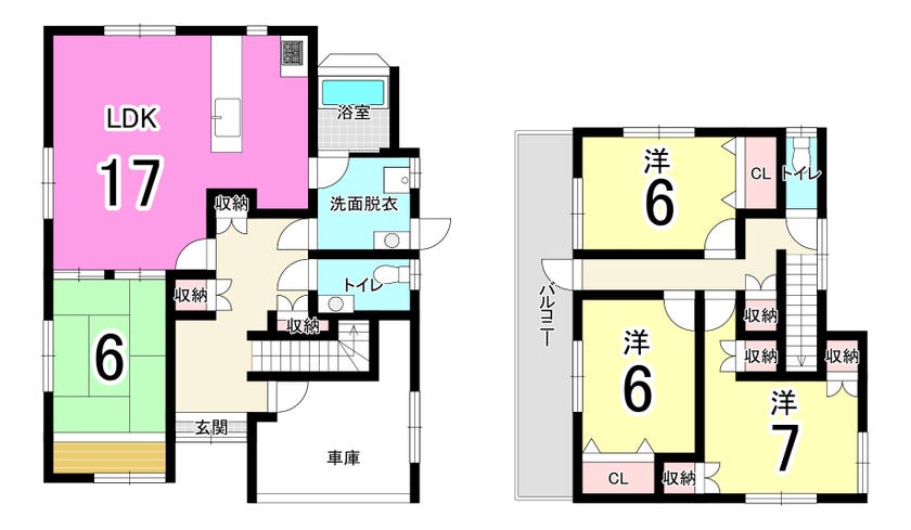 【間取り】
【八幡東区中尾】4LDK中古戸建♪LDK17帖♪車庫付♪カウンターキッチン♪小学校まで徒歩約10分♪