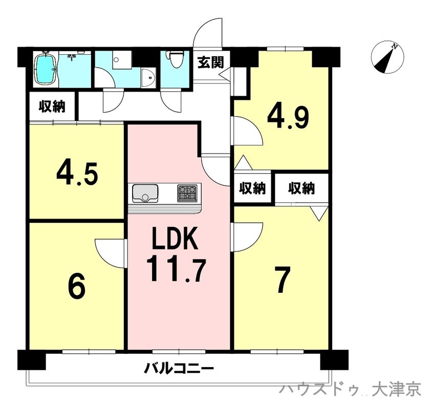 【間取り】
4LDK、価格2,200万円、専有面積72.12㎡、バルコニー面積12.20㎡