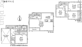 【間取り図】
車庫付きの４LDK3階建て戸建
南向き2階部分LDKには暖かな陽ざしが差し込み家族の憩いの場となります。水回りが1階にまとまっており使いやすい導線。