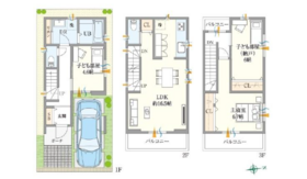 【間取り図】
3か所にバルコニー◎、LDKは約16.5帖◎、駐車スペースもある3階建てのプランです！