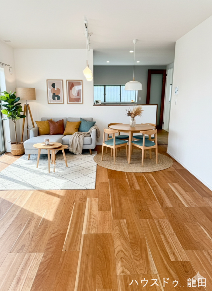 【リビング】
■□■リビング■□■
22.7帖、木の温かみを感じるフローリングの
広々としたリビング
※家具を入れたイメージ写真です