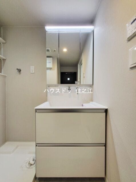 大きな三面鏡付きの洗面台です。たっぷりの収納を設けたシャワー付です