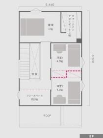 《建物プラン例・間取り》
２階は部屋数の調整も可能。フリースペースの使い方もライフスタイルに合わせて変えられる、可変性に優れたプランです。