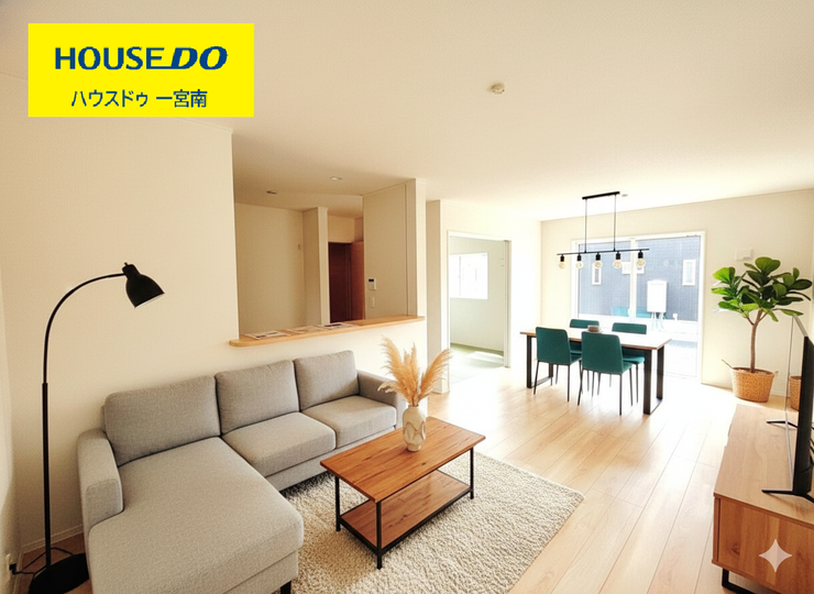 【リビング】
※本画像はAIによるCGで作成されており、家具や家電はイメージです。
約16帖のLDKは室温の調整がしやすく、電気代の節約にも電気代や光熱費の節約にもつながります♪