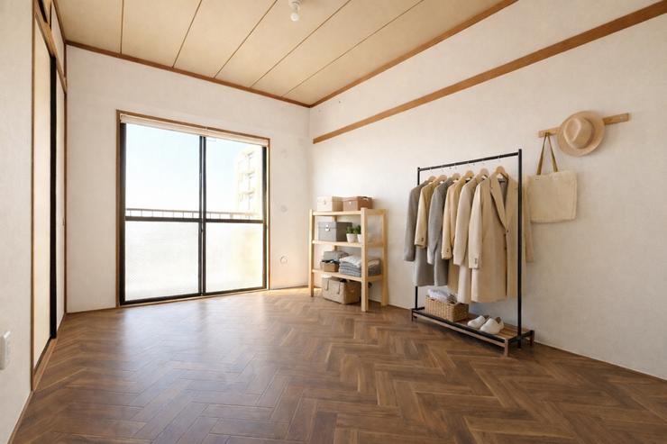 南側6帖洋室:南向きの大きめの窓がたっぷりと日差しを入れてくれます。バルコニーにすぐ出れるので、お布団を干しやすくなっています。