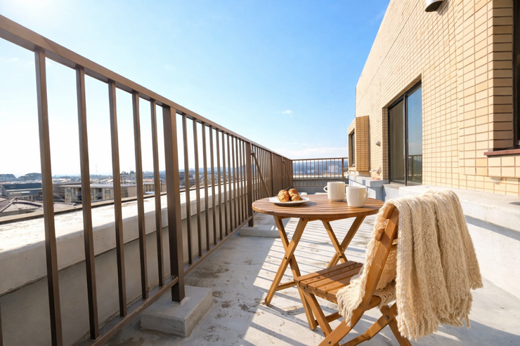 ルーフバルコニー:ゆとりのあるバルコニーはテーブルなどを置いて第二リビングとして家族の憩いの場にも◎