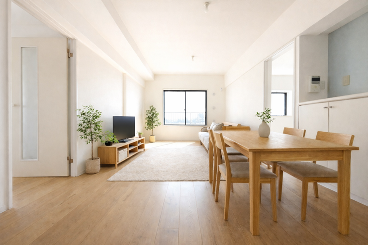 【リビング】
リビング:家族でくつろぐスペースは気持ちの良い空間で過ごしたいですよね。南向きの窓から陽射しが入り、採光・通風共に良好です。