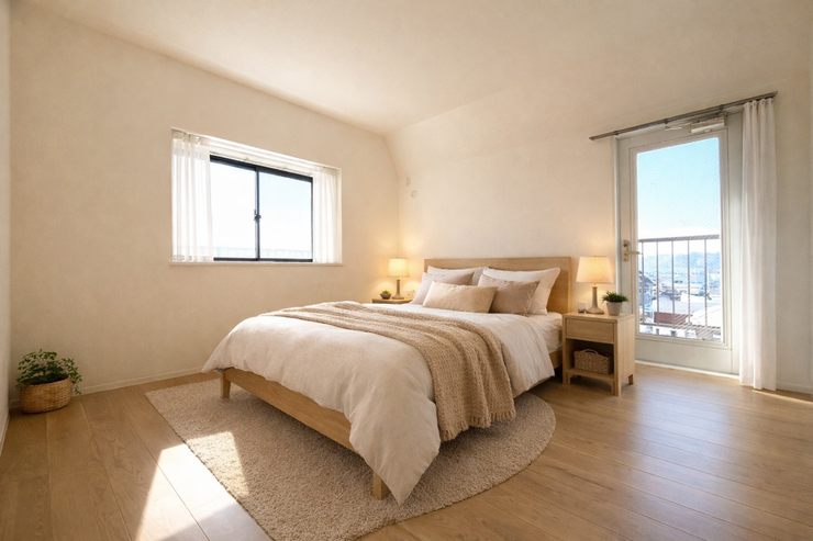 8帖洋室:広々としたお部屋なので、ご夫婦の寝室としてもお使いいただけそうです。南側の窓から日差しが入りプライベートの時間も気持ちよく過ごすことができそうです。