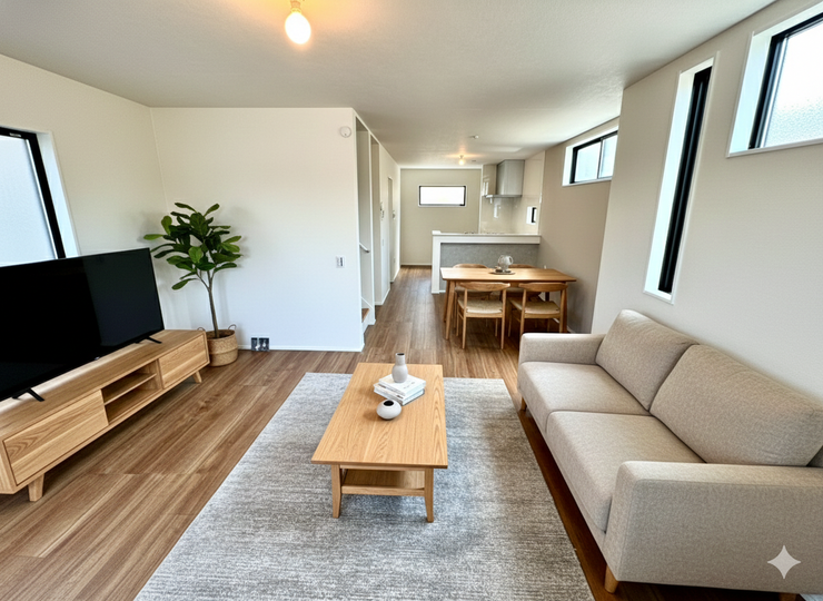 【Living】
広々としたリビングは、大きな窓からは自然光が差し込み、家族が集まる温かな空間です。※家具CG