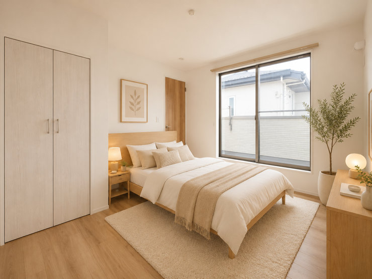 バルコニーに面したお部屋です。
お天気のいい日にはたっぷりと陽を取り込むことができ、
ベッドの上のお布団もふかふかになりそうですね。