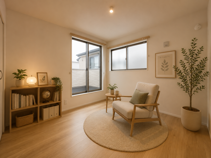 バルコニーへ出入りのすることが出来るお部屋です。
お部屋の中には南向きの窓から暖かな光と風が入り込む素敵な空間になります。