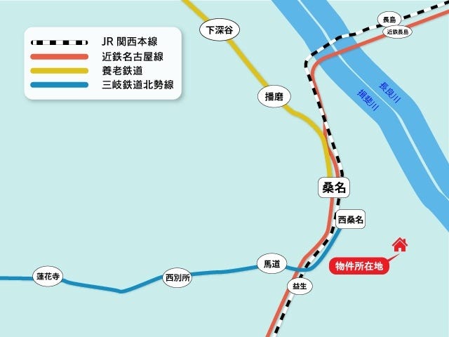 【路線図】
近鉄名古屋線/桑名駅まで徒歩約16分、JR関西本線/桑名駅まで徒歩約16分、養老鉄道養老線/桑名駅まで徒歩約16分