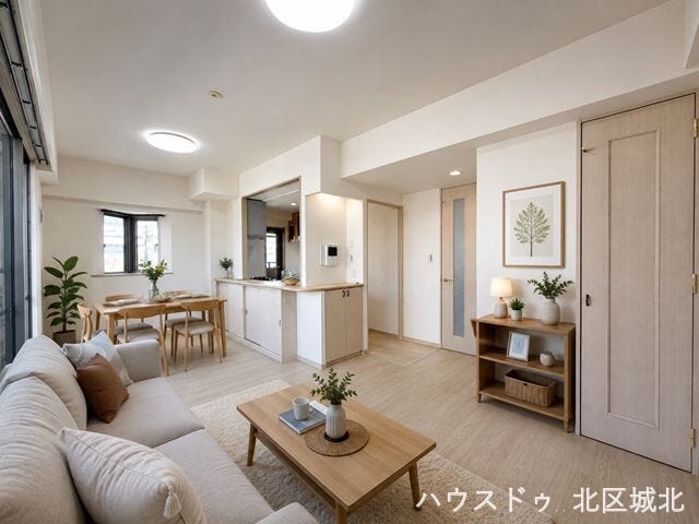 13.6帖のLDK。4面バルコニーの角住戸で、明るく風通しの良い住空間です。
※実際の写真に家具をCG合成したものです。
(家具等は販売に含まれておりません)