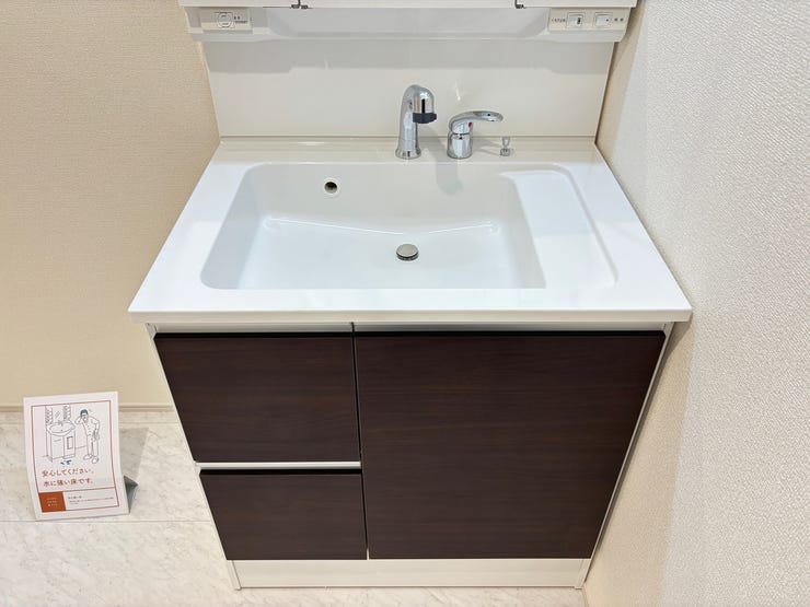 お掃除しやすく、お洗濯の予洗いもしやすい広い洗面台です。