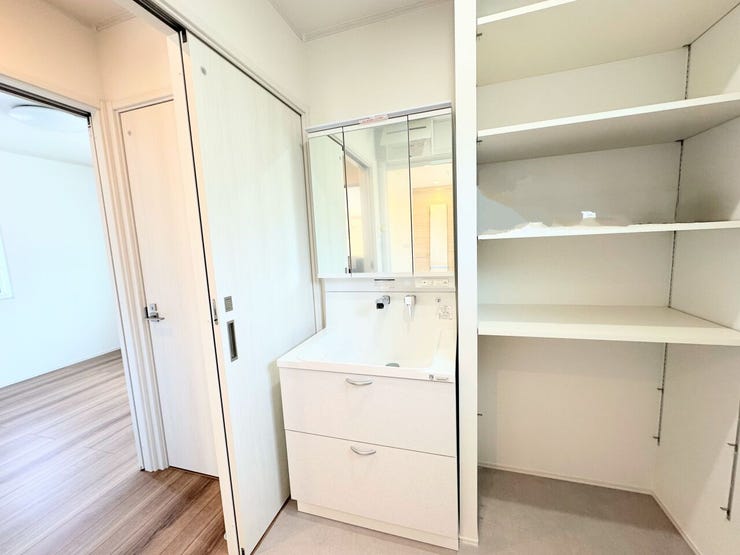 三面鏡の裏側に収納スペースを設置。化粧品や洗面小物などをすっきりと収納できます。