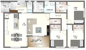 家の中心には、約20帖の広々としたLDKを配置 。対面式キッチンからはリビング全体が見渡せ、お料理中も家族との会話が弾みます 。また、キッチン横には便利なパントリーを備え、収納力も豊富です 。