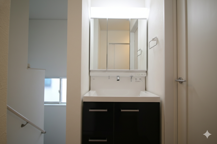 *2階洗面台*
2階にも洗面台があるので、1階に行く手間が省けます。
(CG加工あり。現況と異なる場合があります)