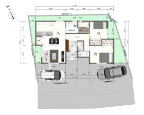 15.2帖のLDKを中心に、全室収納を備えた2LDKの間取りです 。効率的な生活動線とモダンな外観が魅力 。敷地41坪に並列2台の駐車も可能です 。
