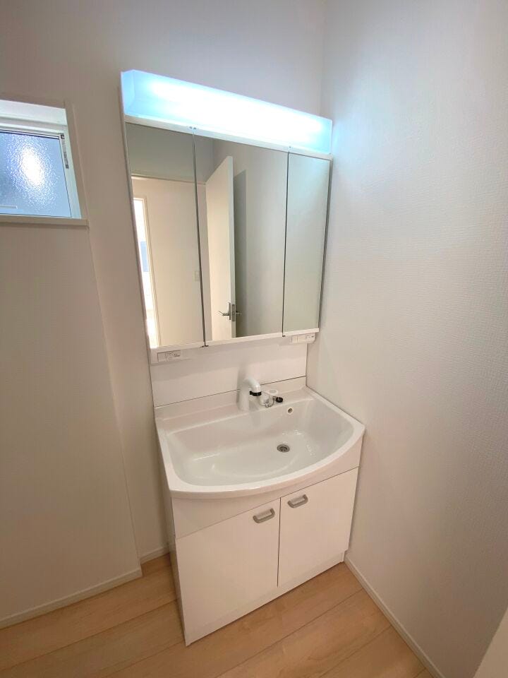 収納豊富な三面鏡の洗面化粧台。シャワー機能付きで忙しい朝の洗髪にも便利です。