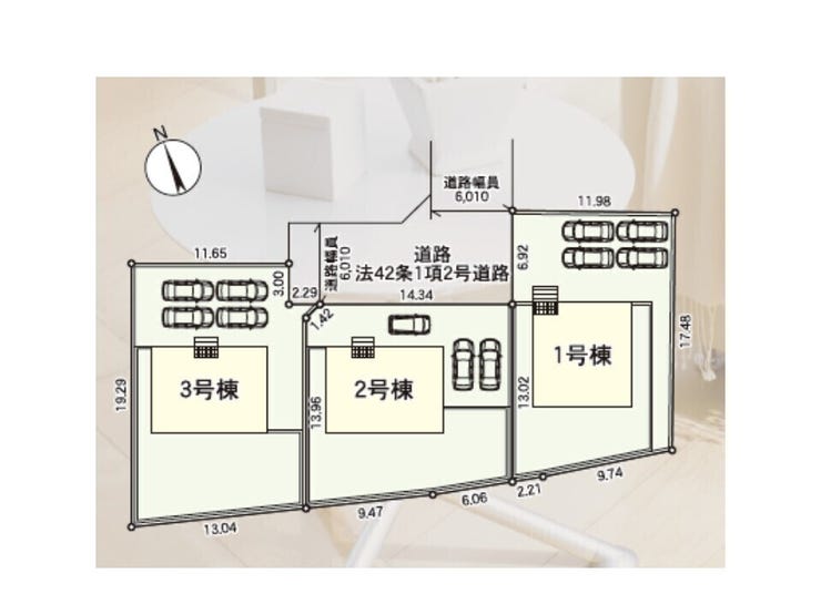 ●区画図●駐車スペースは1号棟及び3号棟は4台、2号棟は3台駐車可能です!全棟南側にお庭スペースを確保しており日当たり、通風共に良好です。家庭菜園スペースやドッグランスペースにも◎(甲斐市篠原 新築)