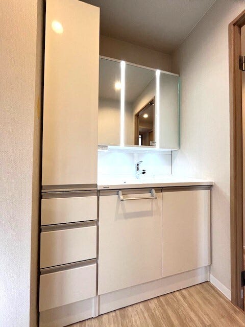 新品のシャンプードレッサー洗面化粧台!
収納ラックも付いており、使い勝手も良好です♪