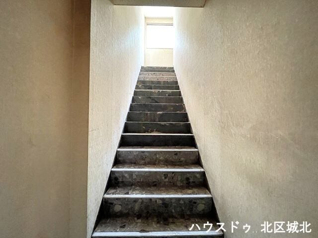 上階へ続く階段スペース。窓からの自然光が差し込み、心地よい空間を演出します。