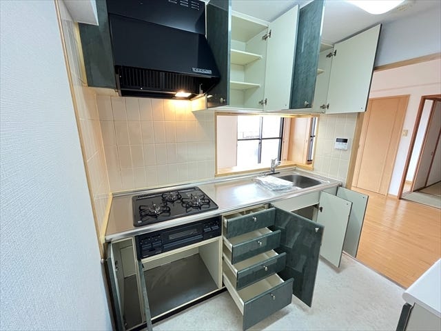 キッチン上部や引き出し収納などもあり、しっかりと収納力もある、スタイリッシュなデザインのシステムキッチンです。